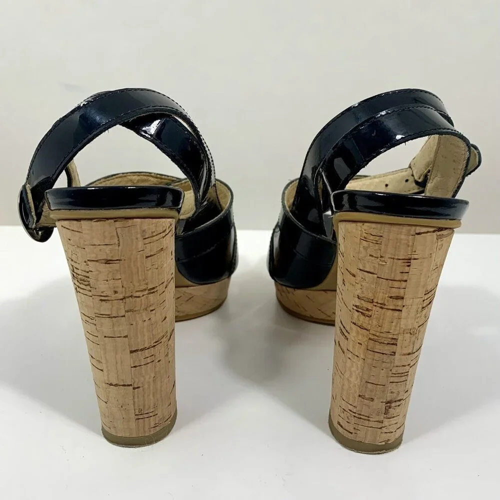 Michael Kors MK Black Patent Leather Strappy Cork Heels Women's Size 6M